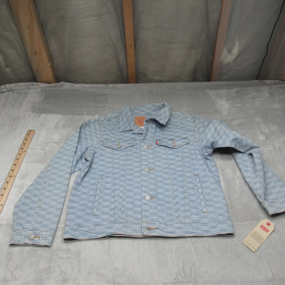 Levis Denim Jacket Kids‎ Medium 10-12 Blue All Over Print Logo Trucker Jean NEW